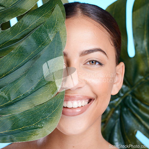 Image of Skincare, plant leaf and portrait of woman face happy about natural dermatology cosmetics. Person with spa green nature beauty product benefits for self care, skin glow and facial with a smile