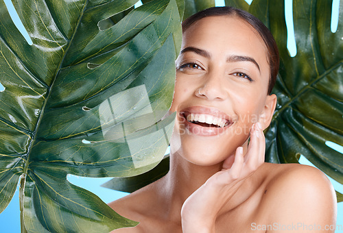 Image of Woman, green plant and beauty portrait of face happy about natural dermatology cosmetics. Person with spa leaf skincare product benefits or makeup for self care, skin glow and facial wellness