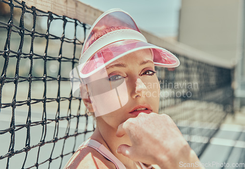 Image of Portrait, tennis and woman with confidence, exercise and training outdoor, sunshine and fitness. Face, player and female athlete with hat for sunlight, workout and rest after practice, game and relax