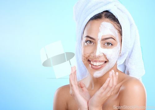 Image of Beauty, face mask and skincare portrait of woman with mockup space for dermatology cosmetics. Aesthetic model person with spa facial advertising self care, skin glow and wellness on blue background