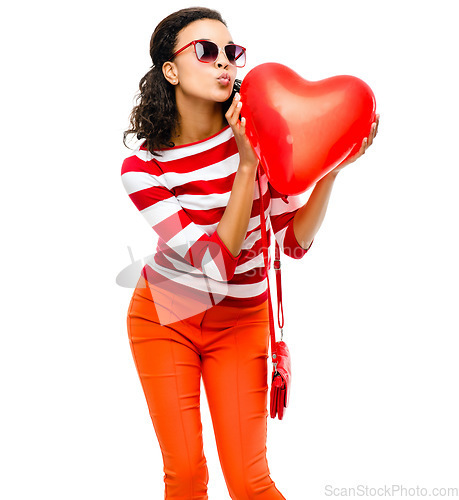 Image of Woman, kiss or balloon heart on isolated white background for valentines day, romance or love. Model, face or kissing emoji expression and inflatable romantic toy, trendy or fashion clothes on mockup