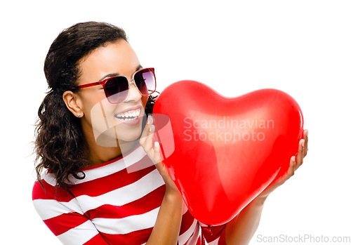 Image of Woman, fun or balloon heart on isolated white background for valentines day, romance or love. Smile, happy or model face with inflatable romantic toy, trendy sunglasses or fashion clothes on mock up