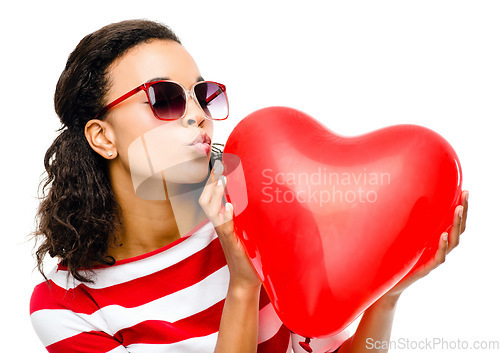 Image of Heart, kiss and valentines day with a black woman in studio isolated on a white background for love or romance. Red, romantic and dating with a female holding an icon, symbol or emoji on blank space