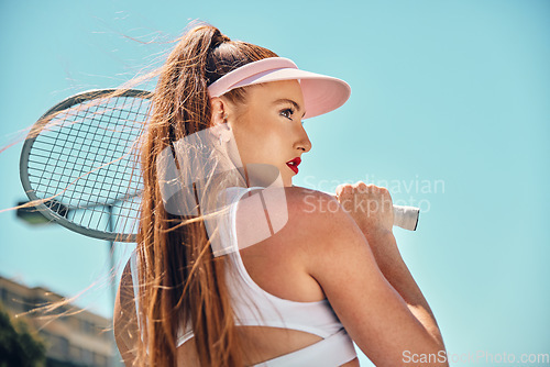 Image of Woman back, tennis game and beauty in outdoor sunshine for fitness, wellness and fashion for sports in summer. Gen z girl, athlete and focus for sport workout, training and exercise for development