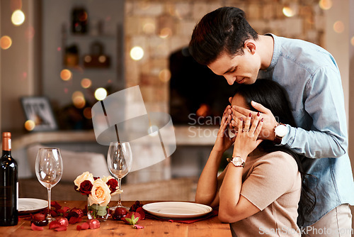 Image of Love, man cover eyes of woman and wine for celebration, romance and loving together on Valentines day, happiness and excited. Romantic, female and male with surprise, date and happy for relationship