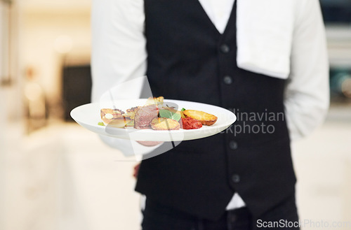 Image of Plate, restaurant server and hand with food for luxury fine dining, nutrition and service in night. Waiter man, hospitality services and dinner at kitchen, diner and holding cuisine meal in workplace