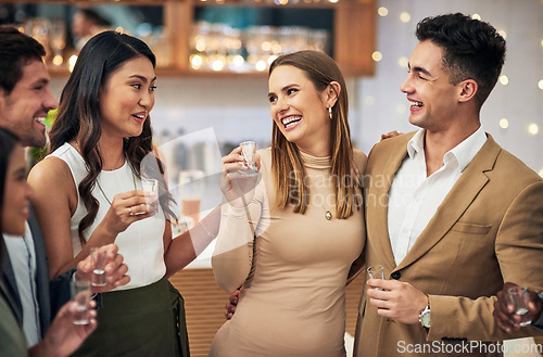 Image of Friends with shots, alcohol and relax, social time with celebration and people together at event for happy hour. Happiness, fun and celebrate, cocktails and gathering with diversity in group