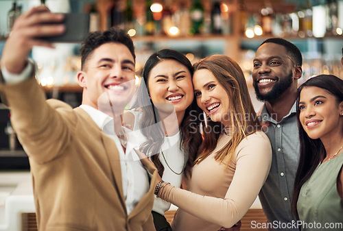 Image of Group of people, event or party selfie in restaurant for luxury, formal night and happy love celebration. Profile picture, women or friends for valentines update or post on social media in diversity