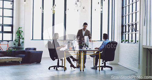 Image of Business meeting, ceo and employees in executive office for planning and strategy discussion at architecture agency. Business people, architect and designer team with plan, creative vision and ideas.