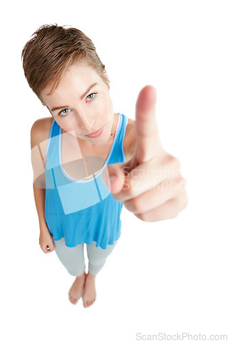 Image of Portrait, top view and woman pointing to space, angry and lady isolated on white studio background. Face, female and girl with gesture for blame, upset and nagging with problems, frustrated and bossy