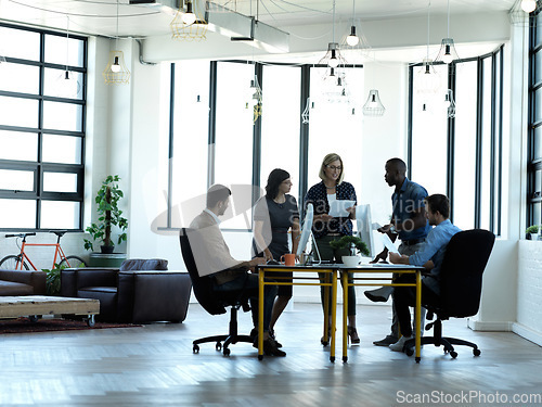 Image of Business meeting, office team and accounting company collaboration at workplace. Finance employee group, work communication and working accountants planning with financial strategy data and teamwork