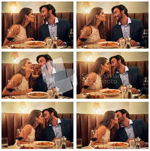 Image of Collage kiss, eating and couple at a restaurant with food, affection and on a night date for love. Pasta, happy and composite of a man and woman at a fine dining table to celebrate valentines day