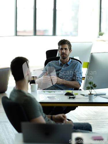 Image of Businessman, startup partnership and talking friends at desk with collaboration, advice or planning at workplace. Entrepreneur group, teamwork and chat in office with support, vision or company goals