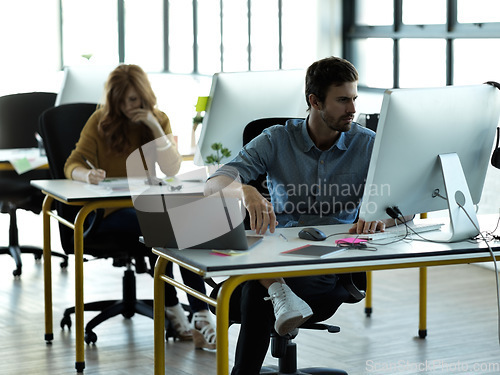 Image of Business man, computer work and web designer planning a website layout in office. Content management, startup and employee on technology doing creative strategy design with tech software in a company