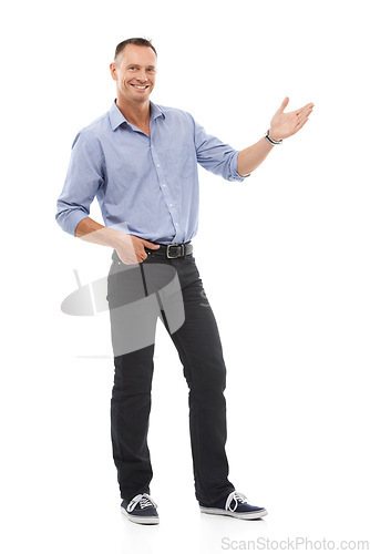 Image of Take a look at this. Man, happy portrait and hand for mockup space for advertising logo, brand or promotion sale. Model person isolated on a white background for product placement and marketing.