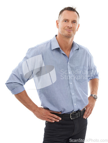 Image of Portrait, mature and business man in studio isolated on a white background. Boss, ceo and confident, proud and middle aged male entrepreneur from Canada with vision, mission and success mindset.