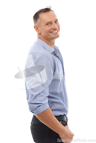 Image of Portrait, business man and smile in studio isolated on a white background with vision, mission and success mindset. Boss, entrepreneur and happy, confident and proud mature male ceo from Canada.