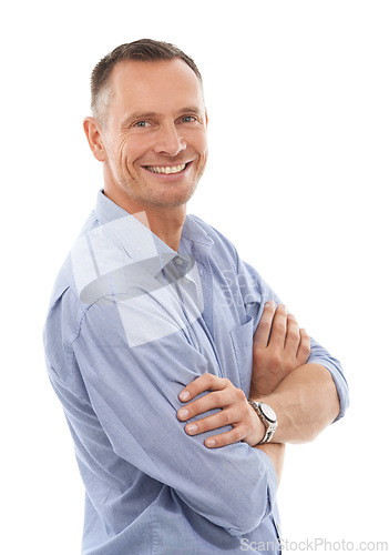 Image of Arms crossed, pride and portrait of a man with confidence isolated on a white background in a studio. Smile, happiness and mature person with positivity, work vision and motivation on a backdrop