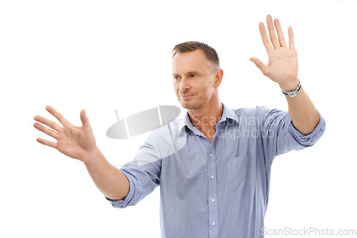 Image of Man hands touch an invisible screen isolated on a white background for futuristic technology mockup. Corporate or business person with moving gesture for metaverse experience on digital mock up space