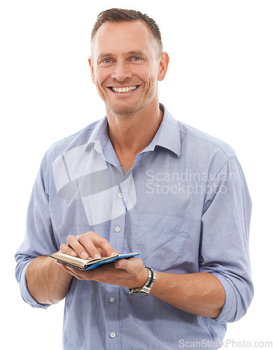 Image of Portrait, man and notebook for business ideas, smile and guy isolated on white studio background. Face, male entrepreneur and gentleman with happiness, reading and focus for new project on backdrop