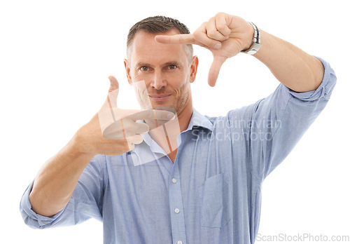 Image of Man, hands and portrait smile with frame for perfect picture isolated on a white studio background. Happy male framing face with fingers for photo moment, profile or capturing facial expression