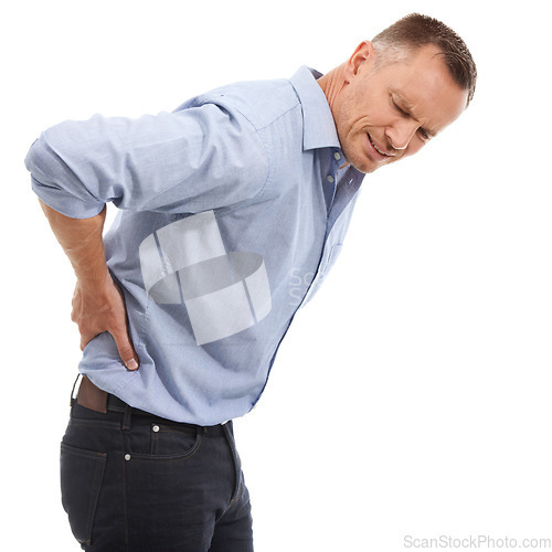 Image of Injury, business man and back pain in studio isolated on a white background. Burnout, fatigue stress and injured mature male entrepreneur with fibromyalgia, arthritis or painful spine after accident.