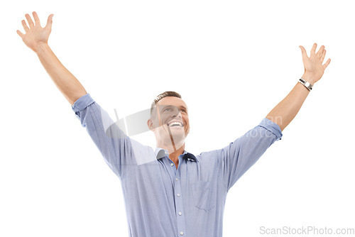 Image of Winning man and arms up isolated on a white background with success or excited for bonus, sales and profit. Business professional, person or worker with yes, celebration or freedom in studio mockup