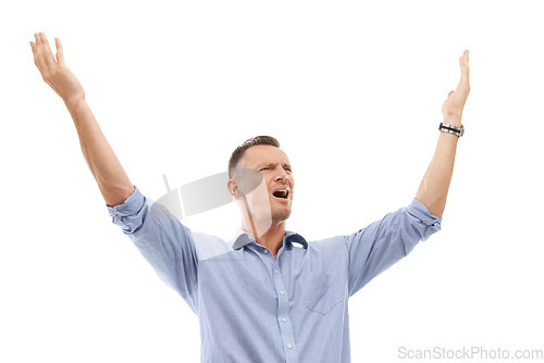 Image of What the...Disappointed, frustrated and annoyed man throw arms in air feeling angry isolated against a studio white background. Surprise, fan and shock by bad result and screaming his opinion.