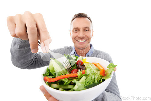 Image of Healthy salad, food and vegetable with a man in studio for health, wellness and nutrition. Model person with green vegan lunch or brunch bowl in hands isolated on a white background for strong immune