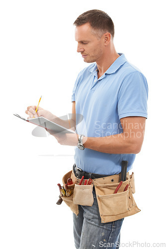 Image of Carpenter, contractor or man writing isolated on a white background with notebook, invoice and handyman tools. Professional construction worker, model or person notes for career services in a studio