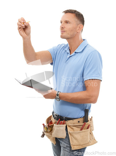 Image of Inspection, contractor or handyman man isolated on a white background notebook, checklist and tools. Professional construction worker or carpenter person writing notes or services invoice in studio