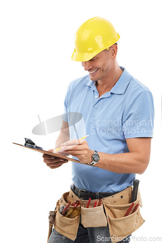 Image of Clipboard, construction worker and man isolated on a white background inspection, maintenance or industry checklist. Builder, contractor or handyman person with tools and paperwork writing in studio