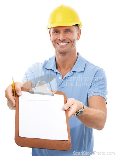 Image of Construction worker, information and portrait of holding clipboard for details, contract or deal with friendly service. Portrait of handyman, employee or builder with survey isolated in white studio