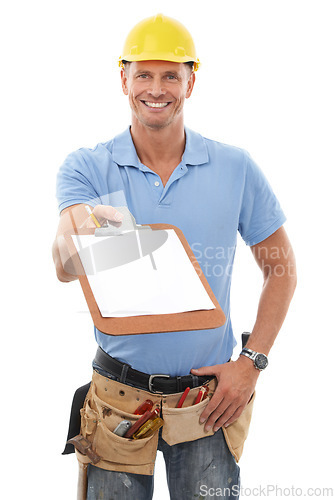 Image of Construction worker, portrait and handyman holding clipboard for sign up, contract or deal and asking for information. Paper by man, employee or builder with a survey isolated in white studio