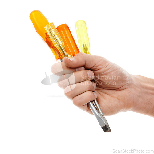 Image of Screwdriver tools, man hands or studio construction worker, carpenter or contractor with workshop repair equipment. Metal object, maintenance handyman or industry builder isolated on white background