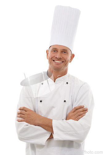 Image of Chef, portrait and man with confident smile, cafe owner and small business leader in restaurant industry. Isolated on white background, happy executive French cook in uniform, arms crossed in studio.