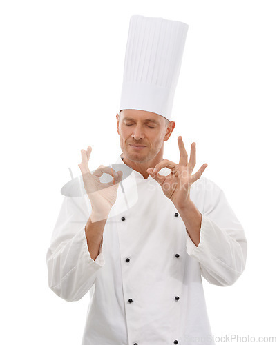 Image of Man, chef and hands in OK sign for perfection, approval or precision isolated on white studio background. Happy culinary artist eyes closed showing okay hand gesture in perfect, precise or just right