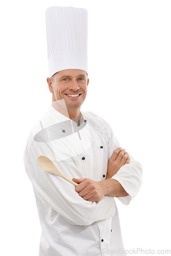 Image of Portrait of French chef, spoon and smile with confidence, cafe owner isolated on white background. Happy executive cook, cooking for restaurant discount deal and menu special or promotion in studio.
