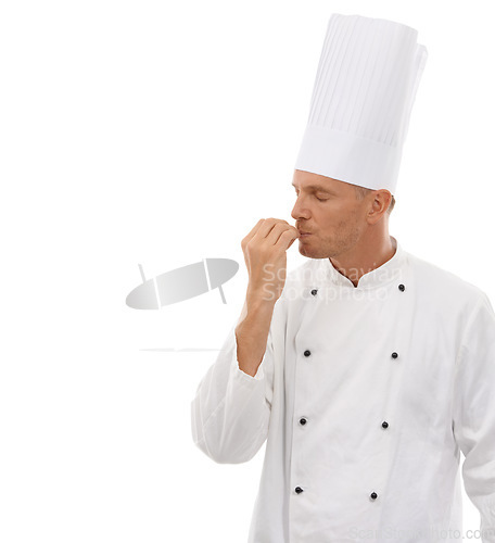 Image of Man, chef and kissing hands for taste, perfect or just right in celebration for cooking skills isolated on white studio background. Happy proud male culinary artist kiss hand for perfection on mockup