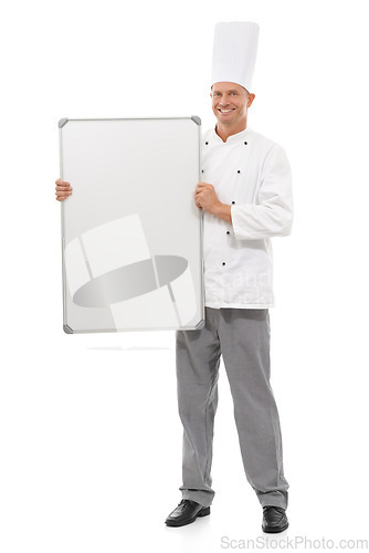 Image of Board mockup and chef man isolated on a white background of empty menu and happy career services. Professional culinary, cooking or bakery person whiteboard, presentation and ideas in studio portrait