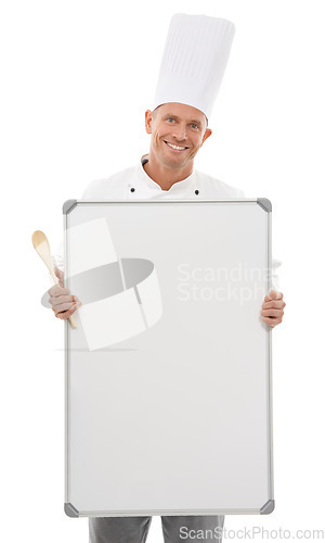 Image of Chef man, space and board isolated on a white background of empty menu and happy culinary services. Professional, cooking or bakery person with whiteboard mockup for startup ideas in studio portrait