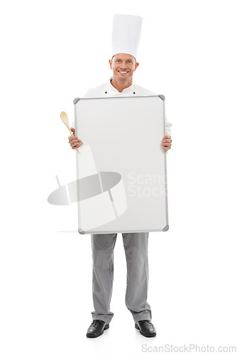 Image of Chef, man and whiteboard isolated on a white background of empty menu, mockup space and culinary services. Professional cooking or bakery person and board mock up for startup ideas in studio portrait