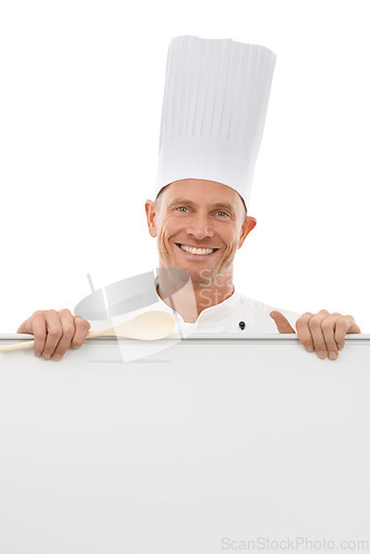 Image of Menu poster, chef and portrait of a man with mockup space, banner or billboard for advertising food or brand. Happy person with board or sign and spoon advertising restaurant on a white background