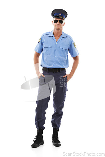 Image of Security, crime officer and portrait of police on white background for authority, public safety and laws. Justice, law enforcement and isolated full body of policeman, traffic cop and guard in studio