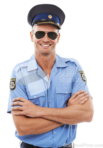 Image of Proud, police officer man isolated on a white background in sunglasses for career vision, leadership and portrait. Security, law and professional person or attractive model in cool uniform and studio