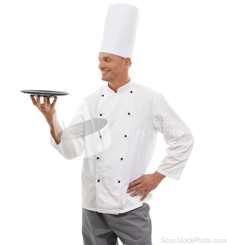 Image of Chef, empty plate and smile, presenting menu special promo deal or restaurant product placement space. Happy cafe, cook and man in service uniform with mock up isolated on white background in studio.