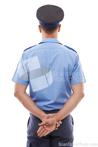 Image of Law, police and rear view of man in studio for crime, protection and safety against white background. Security, authority and back of male official ready for crime, justice and protection isolated