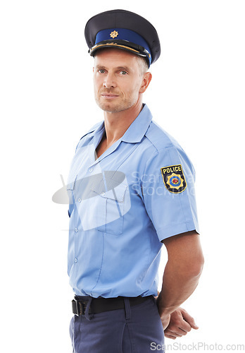 Image of Safety, security and portrait of police on a white background for authority, leadership and public service. Law enforcement, justice and isolated legal guard, policeman and cop in uniform in studio