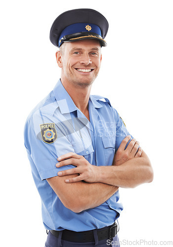 Image of Police officer, arms crossed and man isolated on a white background for career vision, leadership and studio portrait. Security, law and compliance professional person or happy model in uniform