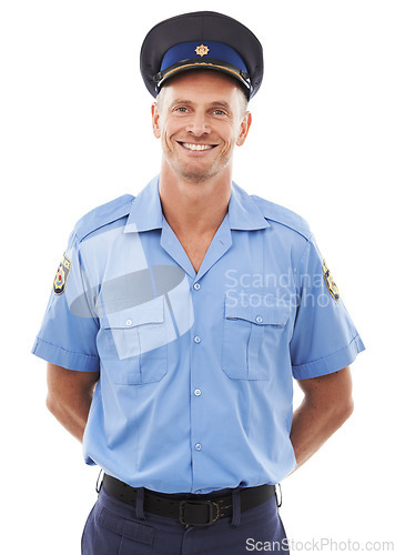 Image of Happy police officer and man isolated on a white background for career vision, leadership and studio portrait. Security, law and compliance of professional person or attractive model in legal uniform